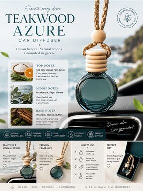 TEAKWOOD AZURE Car Diffuser | Ocean Wood Hanging Car Fragrance | Fresh Teakwood